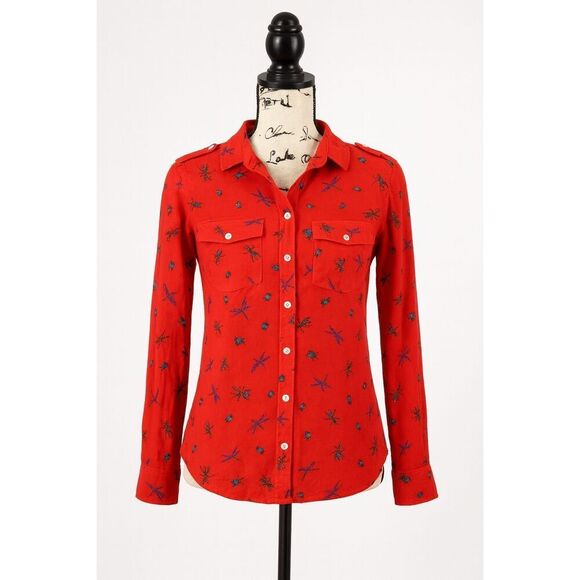 0039 Italy Women’s Orange Button Down Blouse Size M | Insect Print Long Sleeve - Picture 1 of 5
